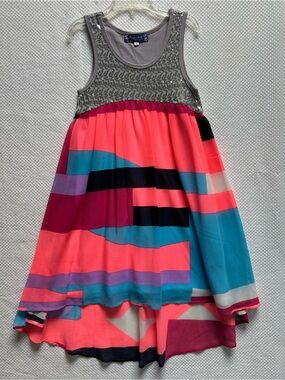 Truly Me Hi Low Silver Sequined , Colorful Sleeveless Striped Summer Dress. NWT